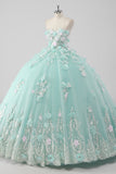 Princess Mint Ball Gown Strapless Tulle Quinceanera Dress with 3D Flowers