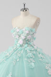 Princess Mint Ball Gown Strapless Tulle Quinceanera Dress with 3D Flowers