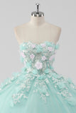 Princess Mint Ball Gown Strapless Tulle Quinceanera Dress with 3D Flowers