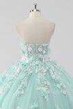 Princess Mint Ball Gown Strapless Tulle Quinceanera Dress with 3D Flowers