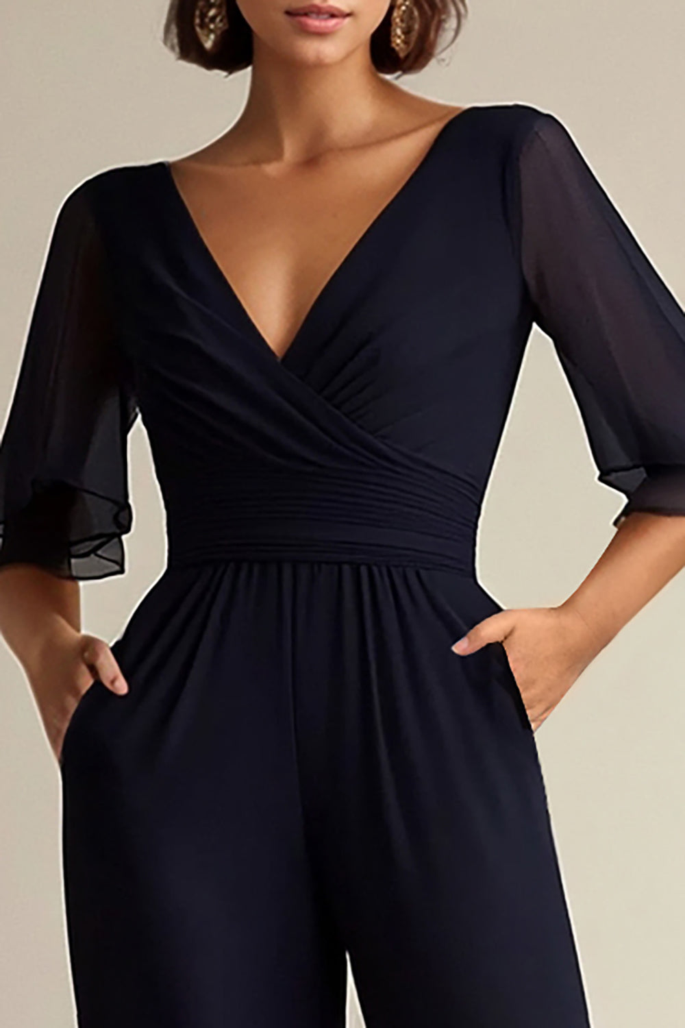 Zapaka Women Navy Formal Dress V-neck Half Sleeves Chiffon Mother of the Bride Jumpsuits ZAPAKA Zapaka Women Navy Formal Dress V-neck Half Sleeves Chiffon Mother of the Bride Jumpsuits ZAPAKA
