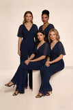 Navy V-Neck Half Sleeves Chiffon Choir Jumpsuits
