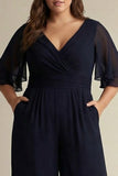 Navy Plus Size Chiffon V-Neck Half Sleeves Mother of the Bride Jumpsuits