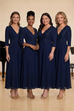 Navy A-Line Chiffon V-Neck Choir Dress with Half Sleeves