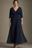 Navy A-Line V-Neck Chiffon Plus Size Mother of the Bride Dress with Appliques