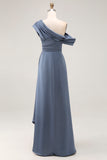 Mermaid Grey Blue One Shoulder Satin Ruched Mother Of Bride Dress with Ruffles