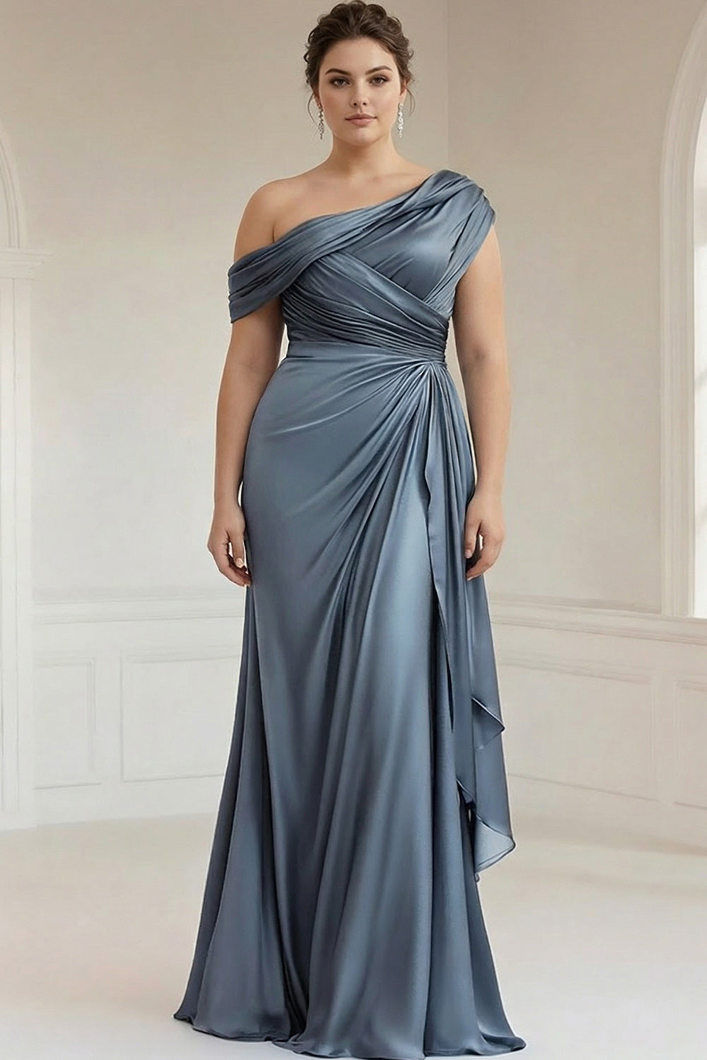 blue gray satin dress Dusty Blue Formal Dresses Halter V-Neck Trumpet/Mermaid High Waist Ruched Formal Dress With Slit