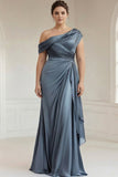 Sheath Plus Size Grey Blue One Shoulder Ruched Satin Mother of the Bride Dress