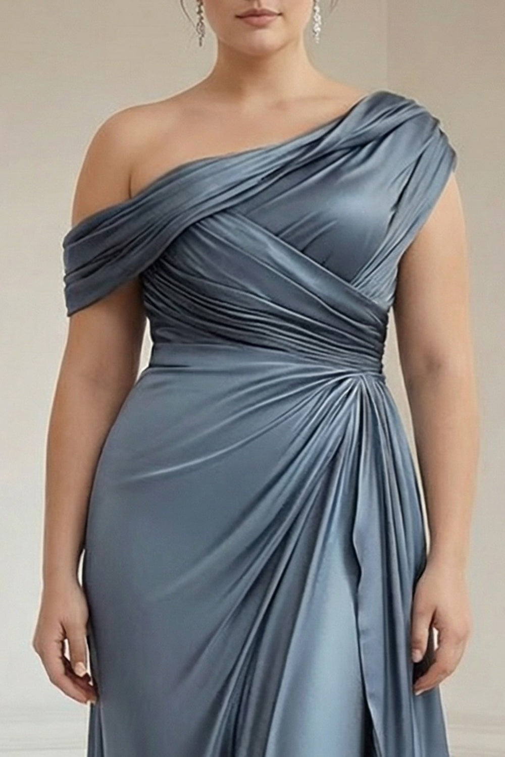 Zapaka Women Plus Size Grey Blue Mother of the Bride Dress Sheath One Shoulder Ruched Satin Wedding Guest Dress ZAPAKA Zapaka Women Plus Size Grey Blue Mother of the Bride Dress Sheath One Shoulder Ruched Satin Wedding Guest Dress ZAPAKA