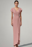 V Neck Mermaid Pink Chiffon Long Mother Of Bride Dress