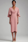 Pink V Neck Bodycon Chiffon Long Mother Dress with 1/2 Sleeves