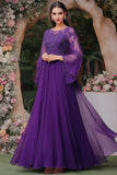 Elegant Purple A Line Shawl Sleeves Mother of the Bride Dress With Appliques