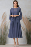 Grey Blue A Line Two-Piece Mother of the Bride Dress with Long Sleeves