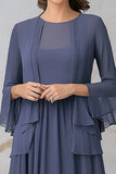 Grey Blue A Line Two-Piece Mother of the Bride Dress with Long Sleeves