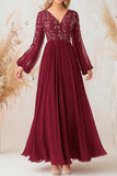 Elegant Burgundy A Line V-Neck Mother Of Bride Dress With Lace Appliques