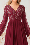 Elegant Burgundy A Line V-Neck Mother Of Bride Dresses With Lace Appliques