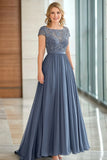 Elegant Grey Blue A Line Short Sleeves Mother Of Bride Dress With Lace Appliques