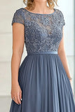 Elegant Grey Blue A Line Short Sleeves Mother Of Bride Dress With Lace Appliques