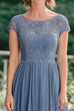 Grey Blue A-Line Illusion Lace Neck Chiffon Ankle Length Mother of the Bride Dress