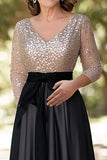 Sparkly Champagne Black A-Line Sequined Top Long Sleeves V Neck Long Mother of the Bride Dress