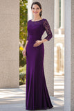 Purple Lace 3/4 Sleeves Round Neck Straight Long Mother Of Bride Dress