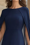 Navy Mermaid Chiffon Long Mother of the Bride Dress with Cape