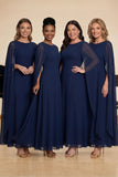 Navy Chiffon A-Line Round Neck Long Choir Dress with Cape
