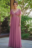 Sparkly Dusty Rose A-Line V Neck Sequined Chiffon Pleats Long Mother of the Bride Dress