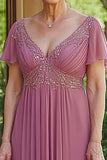 Sparkly Dusty Rose A-Line V Neck Sequined Chiffon Pleats Long Mother of the Bride Dress