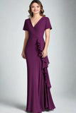 Dark Purple Mermaid V Neck Short Sleeves Ruffles Chiffon Long Mother of the Bride Dress