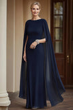 Flowy Navy Mermaid Chiffon Long Mother of the Bride Dress with Cape