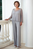 Sparkly Grey Sequined Top Long Sleeves Chiffon Formal Jumpsuit