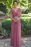 Sparkly Dusty Rose A-Line Wrap Sequined Short Sleeves Chiffon Long Mother of the Bride Dress