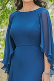 Blue A Line Chiffon Scoop High Low Mother of the Bride Dress with Flutter Sleeves