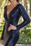 Sparkly Navy Sheath V Neck Long Sleeve Mother of the Bride Dress with Slit