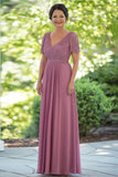 Dusty Rose Chiffon A Line V Neck Lace Mother of the Bride Dress with Short Sleeves