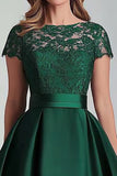 Green Satin Lace A Line High Low Mother of the Bride Dress with Short Sleeves