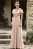 Elegant Chiffon V Neck Champagne Mother of the Bride Dress with Short Sleeves