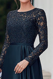 Navy Satin Lace Scoop Mother of the Bride Dress with Long Sleeves