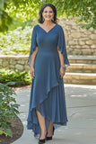 Dusty Blue Asymmetrical V Neck Ruffled Half Sleeve Mother of the Bride Dress