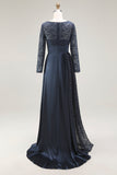 Navy A-Line Scoop Lace Mother of the Bride Dress With Long Sleeves