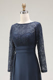 Navy A-Line Scoop Lace Mother of the Bride Dress With Long Sleeves