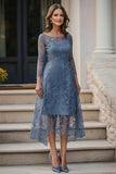 Dusty Blue Lace A-Line Long Sleeves Midi Mother of the Bride Dress