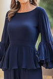 Navy Chiffon Long Sleeves Mother of the Bride Pant Suits with Ruffles