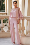 Pink Round Neck Chiffon Mother of the Bride Pant Suits with Beading