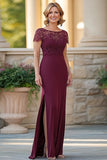 Burgundy Bodycon Lace Appliques Long Mother Of Bride Dress With Slit