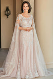 Elegant Beige Bodycon Round Neck Long Mother Of Bride Dress With Lace Appliques