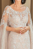 Elegant Beige Bodycon Round Neck Long Mother Of Bride Dress With Lace Appliques