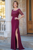 Burgundy Mermaid Lace Appliques Short Sleeves Mother Of Bride Dress With Slit