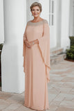 Apricot Chiffon Column Scoop Neck Flutter Sleeves Mother of the Bride Dress